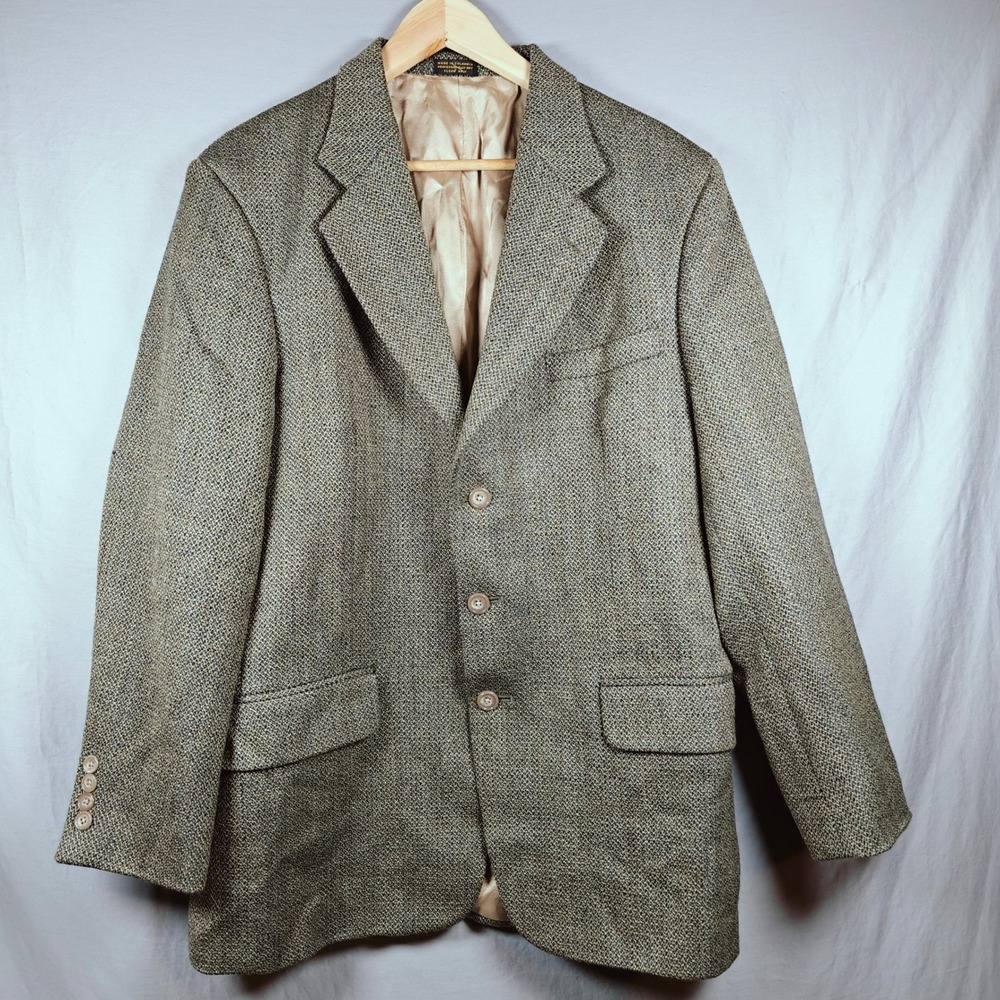 Oscar de la renta Classic Tweed Blazer Sport Coat Jacket Brown Tan Plaid‎ 41 R